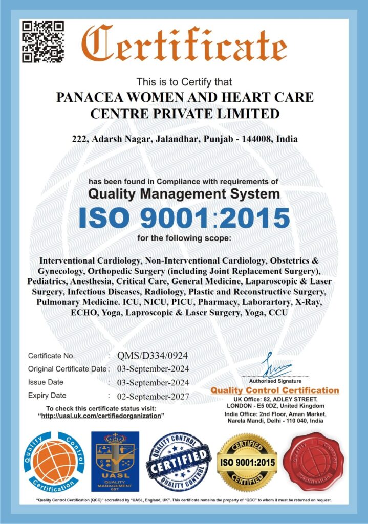 ISO CETRIFICATE 9001:2015 Panacea Women & Heart Care Centre Pvt. Ltd.